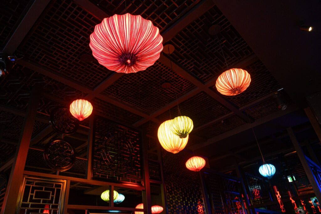Silk lanterns over the dining room